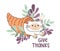 Draw funny cat  in a thanksgiving cornucopia kawaii cat with pumpkin for thanksgiving and autumn fall vector illustration cat