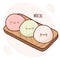 Draw funny kawaii Japan tradition sweet mochi vector illustration. Japanese asian traditional  food, cooking, menu concept.