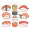 Draw funny kawaii nigiri sushi roll vector illustration. Japanese asian traditional  food, cooking, menu concept.  Doodle cartoon