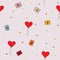 Draw seamless pattern with cute heart baloons, stars, confetti and gift hanging up in the air.
