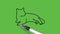 Draw sitting cat in blue color with black outline on abstract green background