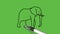 Draw wild elephant in grey color with large white tooth with black outline on abstract green background