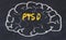 Drawind of human brain on chalkboard with inscription PTSD