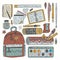 Drawing accessories color vector set. Doodle drawing supplies for school and office