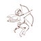 Drawing of adorable Cupid with bow aiming or shooting arrow isolated on white background. God of romantic love, passion