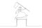 Drawing of arab man competing in race holding a leader flag jumping over obstacle concept of determination. Continuous line art