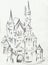 Drawing of architectural structures of the medieval fairy-tale castle in the mountains of Germany . Cityscape sketch handmade .
