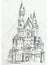 Drawing of architectural structures of the medieval fairy-tale castle in the mountains of Germany . Cityscape sketch handmade .