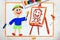 drawing : Artist painting a portrait. Painter and picture on easel
