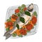 Drawing of baked tasty appetizing healthy fish with vegetables and spices on a dish