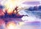 Drawing beautiful landscape art with river or lake, forest, water, trees, sun, sky, stars, hand drawn painting by watercolor