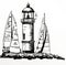 Drawing of a beautiful stone lighthouse on an island, among moored yachts during a regatta, hand-drawn vector illustration