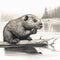 A drawing of a beaver sitting on a log. AI generative image.