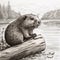 A drawing of a beaver sitting on a log. AI generative image.