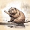 A drawing of a beaver sitting on a log. AI generative image.