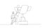 Drawing of businessman building ladder of success climbing to top of champion trophy cup. Single continuous line art style