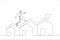 Drawing of businessman running on rising green graph on house roof. Housing price rising up. Single continuous line art