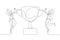 Drawing of businesswoman employee jump in the air with trophy cup concept of recognition. Single continuous line art