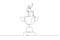 Drawing of businesswoman winner raising flag on winning trophy get victory. One line style art