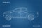Drawing of the car on a blue background. Side view of pickup. Industrial blueprint of SUV
