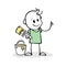 Drawing of cartoon stick man standing and holding brush with paint. Smiling stickman painter with brush and paint bucket.