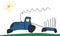 Drawing of child, hand drawn, moving blue tractor with trailer. Vector illustration