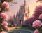 drawing Cinderella's magical castle with pink landscape light colors with pink roses