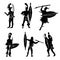 Drawing collection of silhouettes of African tribal warriors in the battle suit and arms hand drawn illustration