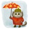 Drawing of a cute fluffy cartoon cat under an umbrella in the rain.