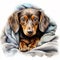 Drawing of a cute frozen dachshund dog wrapped in a multicolored plaid. A blanket warms the dog after a walk.