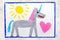 Drawing: cute gray unicorn and big pink heart