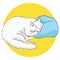 Drawing of a cute white sleeping cat lying with its cheek on the pillow. Color illustration of an animal with simple