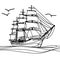 A drawing depicting birds soaring in the sky above a sailing ship as it navigates the vast ocean.