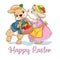 Drawing depicting a bunny kissing a bunny with basket of Easter eggs, Happy Easter German