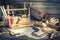 Drawing desk in carpenter workshop on rustic wooden table