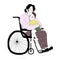 Drawing of disabled woman in wheelchair hugging little boy sitting on her lap. Pair of loving mother and son isolated on