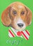 Drawing of a dog with a striped bow on a green background