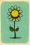 A drawing of a flower on a blue background with an illustration of a rain sensor, yellow sunshine, and a screen texture with grey