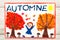 Drawing: French word Autumn, happy girl, trees with orange and red leaves and muschrooms,