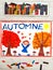 Drawing: French word Autumn, happy girl, trees with orange and red leaves and mushrooms,