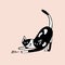 Drawing of funny cat hunting and catching mouse or playing with it. Playful pet animal. Cute cartoon character hand