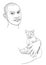 Drawing funny portrait of a Asian man carry cute cat on white background