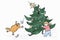 Drawing of a funny situation when a boy saves a Christmas tree from a cat