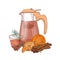 Drawing of glass pitcher with strainer, cup of winter fruit tea, fresh orange, cinnamon and star anise isolated on white