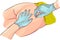 Drawing of Gloved hands aspirating syringe at dorsogluteal site of injection