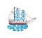 Drawing of gorgeous ship, sailing boat, frigate or caravel with sail in ocean. Beautiful sailboat in sea journey or trip