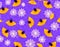 A drawing of Halloween pattern with cute violet and blue cartoon spiders and pumpkins on purple background, AI Generation