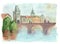 Drawing by hand on white paper beautiful background with Praha and Karlov most. Watercolor illlustration with Tower and