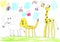 Drawing of happy animals giraffe; lion, elephant on warm summer day. Pencil art in childish style