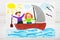 Drawing: happy couple floating on a sailboat